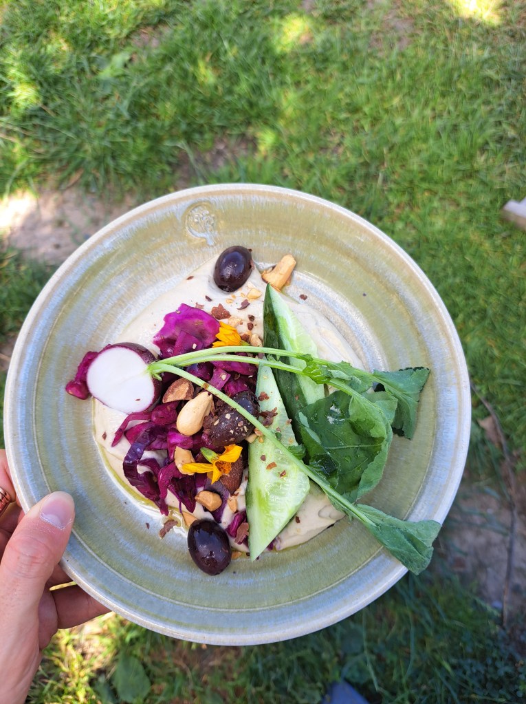 Rosendal Café has many vegeterian, vegan meals like this home-made hummus. Rosendal's own gardeners harvest vegetable, fruits and herbs!