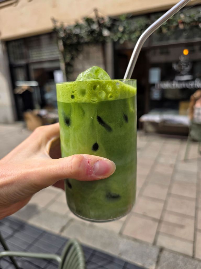 In this wellness article I write about Matchaverket, a newly opened authentic matcha café in Stockholm. This photo shows an iced matcha latter with almond milk.